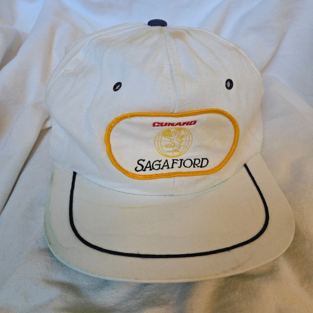 VTG Cunard Sagafjord Hat Cruise Distressed White Snapback‎ Ship Nautical Green